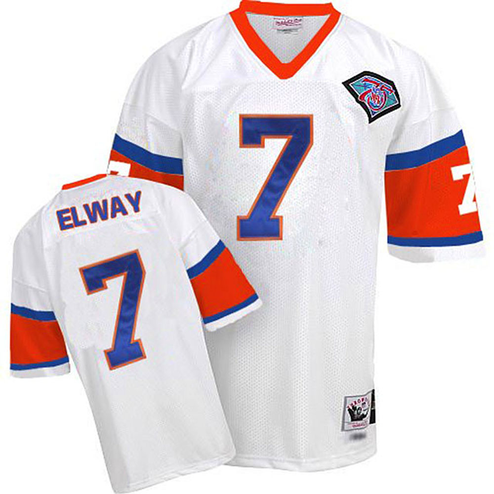 Men Mitchell Ness Denver Broncos #7 John Elway White 75th Patch Throwback NFL Jersey